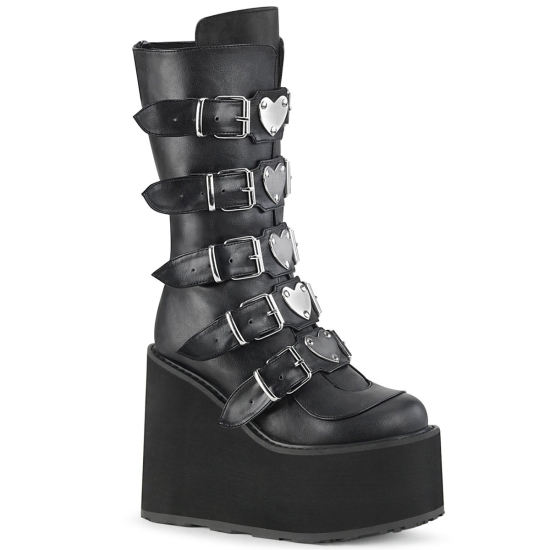 Black Vegan Leather Women's Demonia Swing - 230 Platform Mid-Calf Knee-high Boots | XC5834620