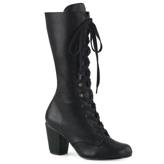 Black Vegan Leather Women's Demonia Vivika - 205 Lace-Up Mid-Calf Knee-high Boots | VZ1672398