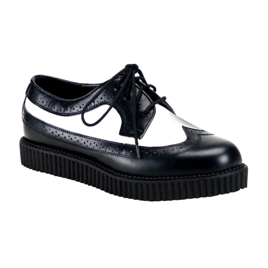 Black-White Leather Men's Demonia Creeper - 608 Platform Rockabilly Punk Creepers | OL2169543