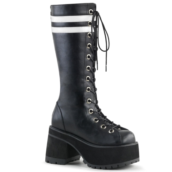 Black-White Vegan Leather Men's Demonia Ranger - 320 Platform Lace-Up Knee-high Boots | JU0863274