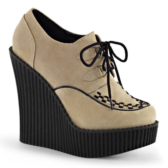 Cream Vegan Suede Women's Demonia Creeper - 302 Wedge Platform D - Ring Lace-Up Creepers | ES758649