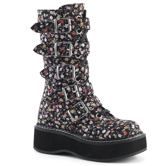 Floral Fabric Women's Demonia Emily - 340 Platform Lace-Up Mid-Calf Knee-high Boots | BQ4583169