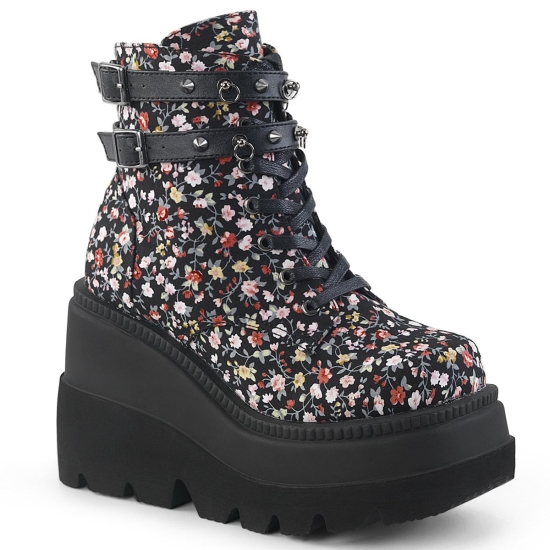 Floral Fabric Women's Demonia Shaker - 52ST Wedge Platform Lace-Up Ankle-high Boots | VG7645018