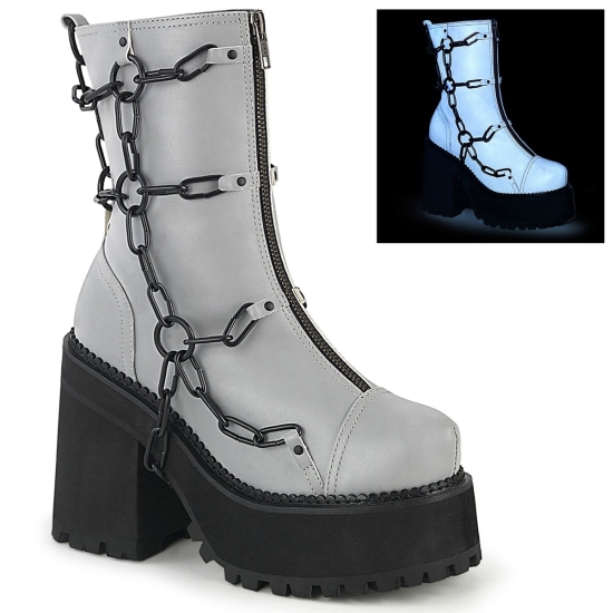 Gray Reflective Vegan Leather Women's Demonia Assault - 66 Platform Ankle-high Boots | YO6839702