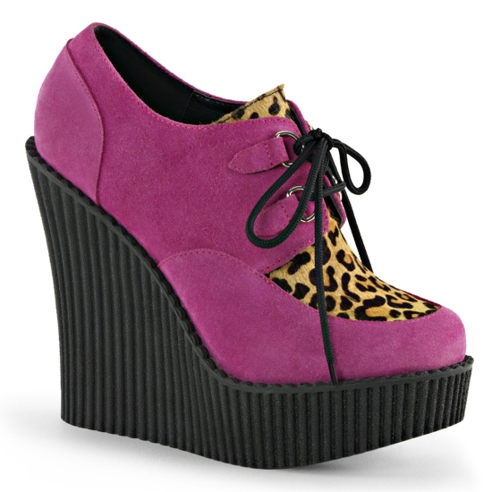 HotPink Vegan Suede-Animal Women's Demonia Creeper - 304 Wedge Platform D - Ring Lace-Up Creepers |