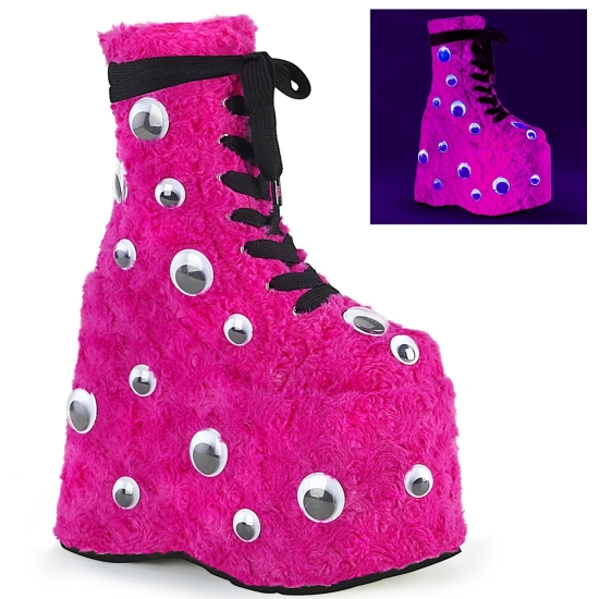 Hot Pink Fur Women's Demonia Slay - 206 Platform Lace-Up Ankle-high Boots | LS2051487