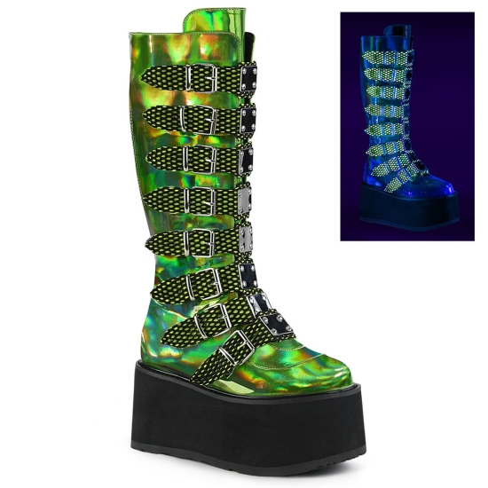 Lime Green Hologram Vegan Leather Women's Demonia Damned - 318 Platform Knee-high Boots | WS6345190