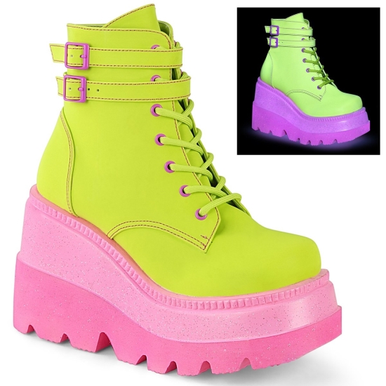 Lime Reflective Vegan Leather Women's Demonia Shaker - 52 Lace-Up Wedge Platform Ankle-high Boots |