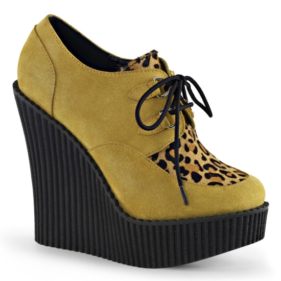 Mustard Vegan Suede-Animal Women's Demonia Creeper - 304 Wedge Platform D - Ring Lace-Up Creepers |