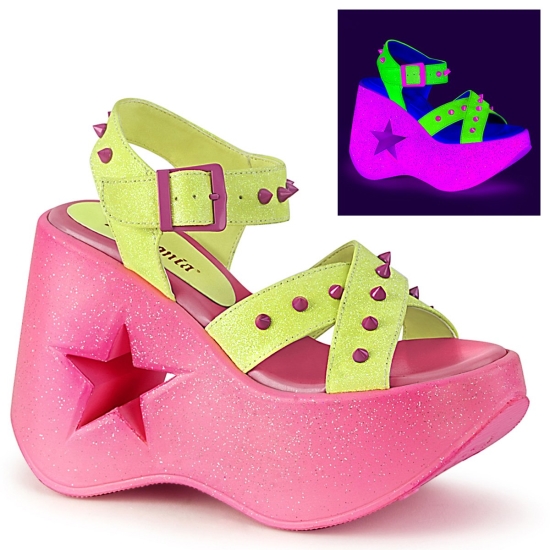 Neon Yellow Glitter Women's Demonia Dynamite - 02 Wedge Platform Heels Platforms | WP3578269