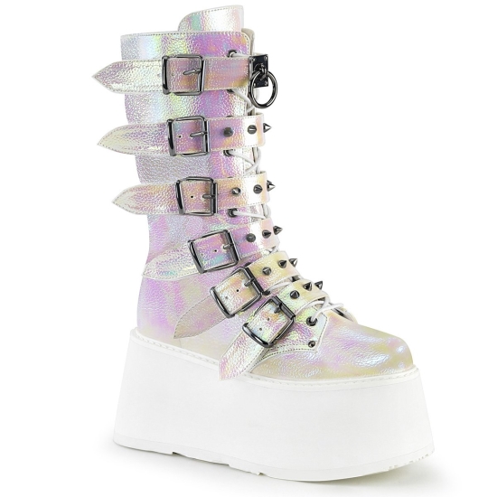 Pearl Iridescent Vegan Leather Women's Demonia Damned - 225 Platform Lace-Up Mid-Calf Knee-high Boot