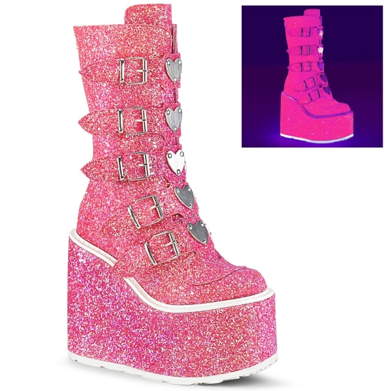 Pink Glitter Women's Demonia Swing - 230G Platform Mid-Calf Knee-high Boots | TH2589160