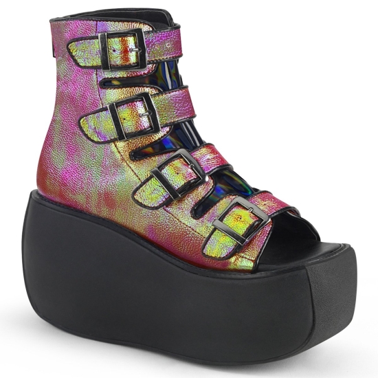 Pink-Green Iridescent Vegan Leather-Hologram Women's Demonia Violet - 150 Platform Ankle-high Boots