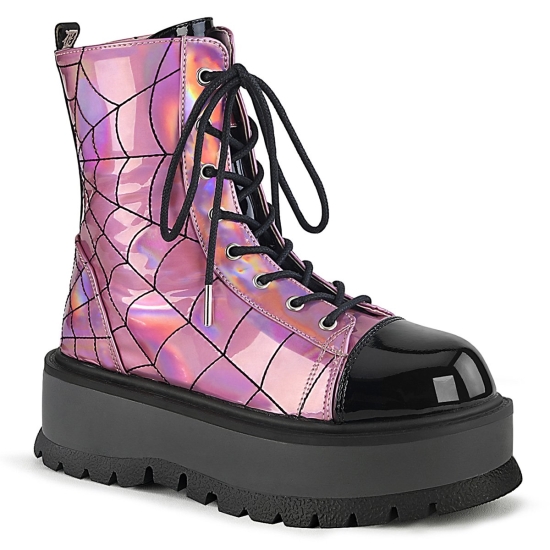 Pink Hologram-Black Patent Women's Demonia Slacker - 88 Platform Lace-Up Ankle-high Boots | CY12074