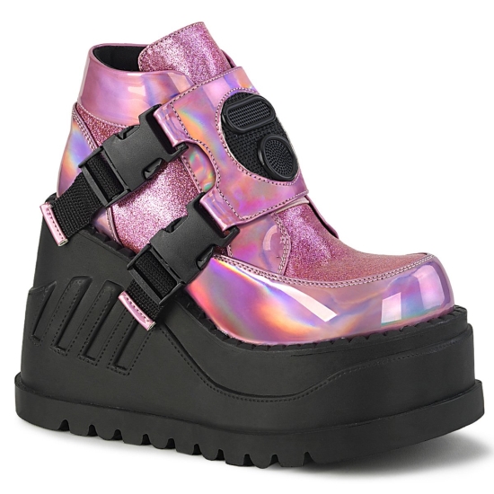 Pink Hologram-Glitter Women's Demonia Stomp - 15 Wedge Platform Ankle-high Boots | HD2843506