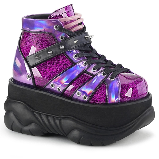 Purple Glitter-Hologram Men's Demonia Neptune - 100 Platform Lace-Up Ankle-high Boots | VM9073514