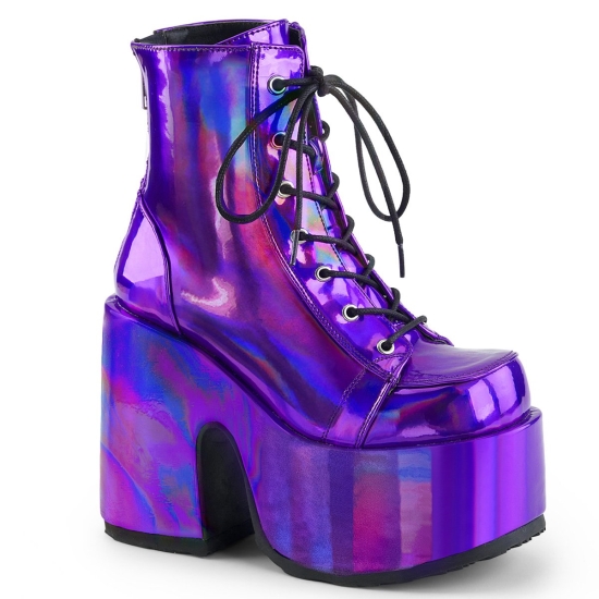 Purple Hologram Vegan Leather Women's Demonia Camel - 203 Platform Lace-Up Ankle-high Boots | CT865