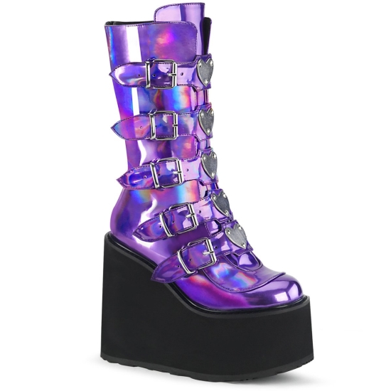 Purple Hologram Women's Demonia Swing - 230 Platform Mid-Calf Knee-high Boots | VD3640579