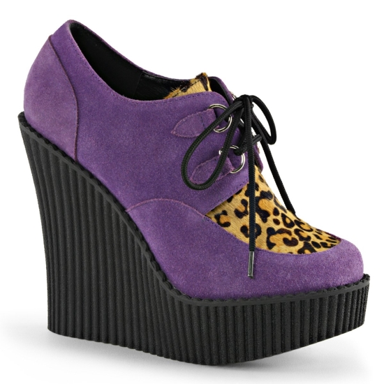 Purple Vegan Suede-Animal Women's Demonia Creeper - 304 Wedge Platform D - Ring Lace-Up Creepers |