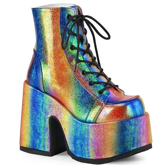 Rainbow Iridescent Vegan Leather Women's Demonia Camel - 203 Platform Lace-Up Ankle-high Boots | LU