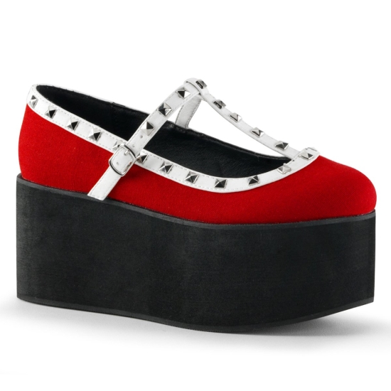 Red Canvas-Black-White Vegan Leather Women's Demonia Click - 07 Two Tone T-Strap Platforms | VD4291