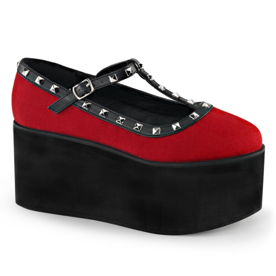 Red Canvas Women's Demonia Click - 07 Two Tone T-Strap Platforms | CG5321607