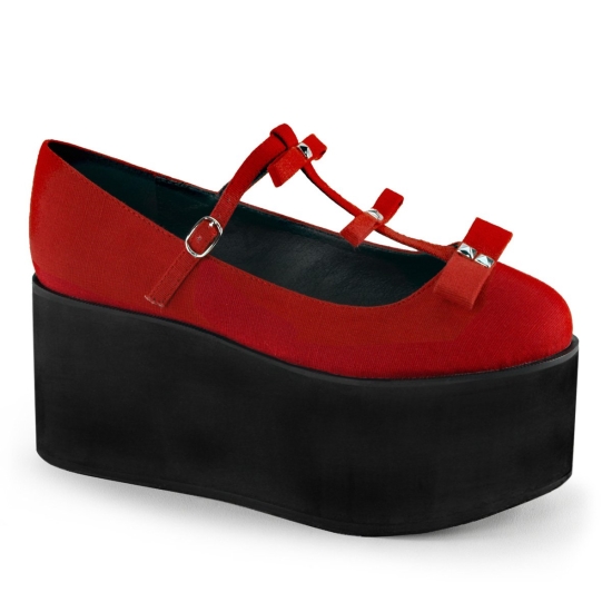 Red Canvas Women's Demonia Click - 08 T Strap Platforms | PG4926157