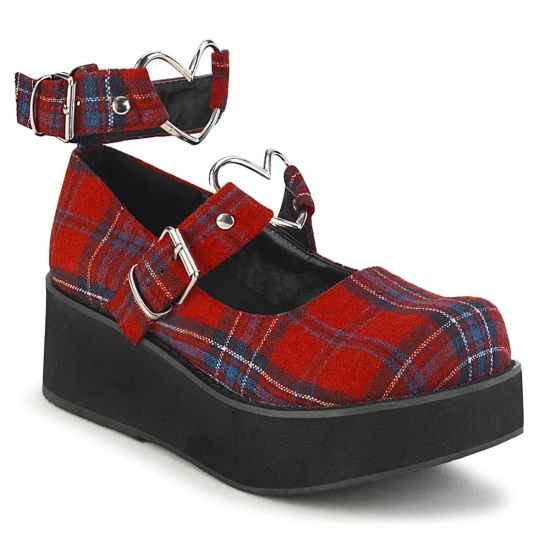 Red Plaid Fabric Women's Demonia Sprite - 02 Mary Jane Platforms | RA8142075