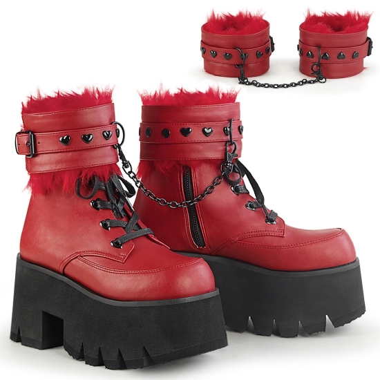 Red Vegan Leather Women's Demonia Ashes - 57 Platform Lace-Up Ankle-high Boots | CB9425801