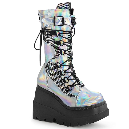 Silver Holo. Vegan Leather-Black Fishnet Women's Demonia Shaker - 70 Wedge Platform Lace-Up Mid-Calf