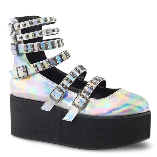 Silver Hologram Vegan Leather Women's Demonia Grip - 31 Mary Jane Platforms | CR7932064