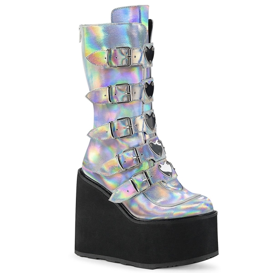 Silver Hologram Vegan Leather Women's Demonia Swing - 230 Platform Mid-Calf Knee-high Boots | NR057