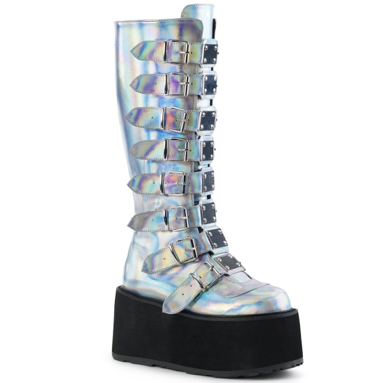 Silver Hologram Vegan Leather Women's Demonia Damned - 318 Platform Knee-high Boots | WE8094357