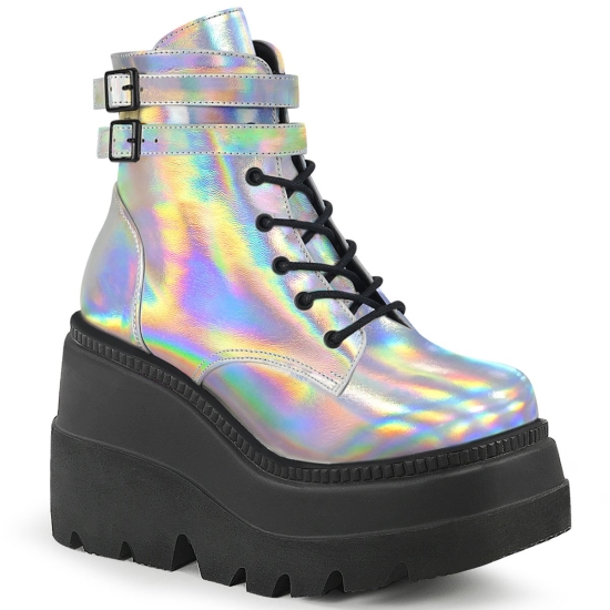 Silver Hologram Women's Demonia Shaker - 52 Wedge Platform Lace-Up Ankle-high Boots | GO6085714