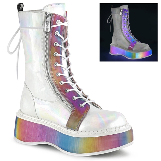 White Brushed Hologram Vegan Leather-Rainbow Reflective Women's Demonia Emily - 350 Platform Lace-Up