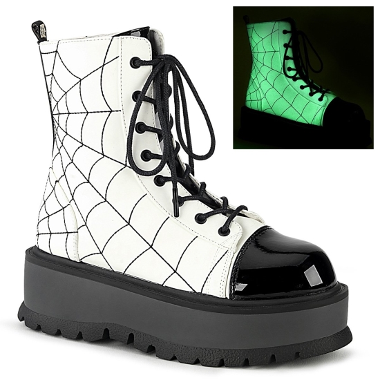 White Glow Vegan Leather-Black Patent Women's Demonia Slacker - 88 Platform Lace-Up Ankle-high Boots