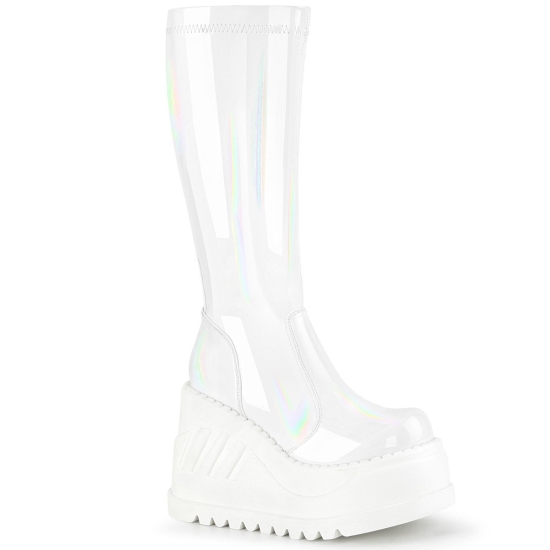 White Hologram Stretch Patent Women's Demonia Stomp - 200 Wedge Platform Ankle-high Boots | RJ70329