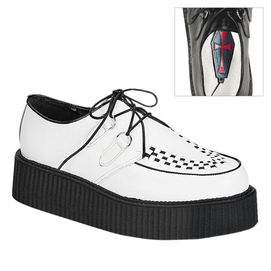 White Leather Men's Demonia Creeper - 402 Platform Rockabilly Goth Punk Creepers | PY3428501