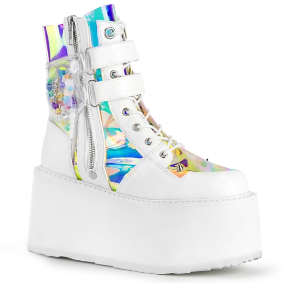 White Vegan Leather-Clear Hologram PVC Women's Demonia Damned - 115 Platform Lace-Up Ankle-high Boot