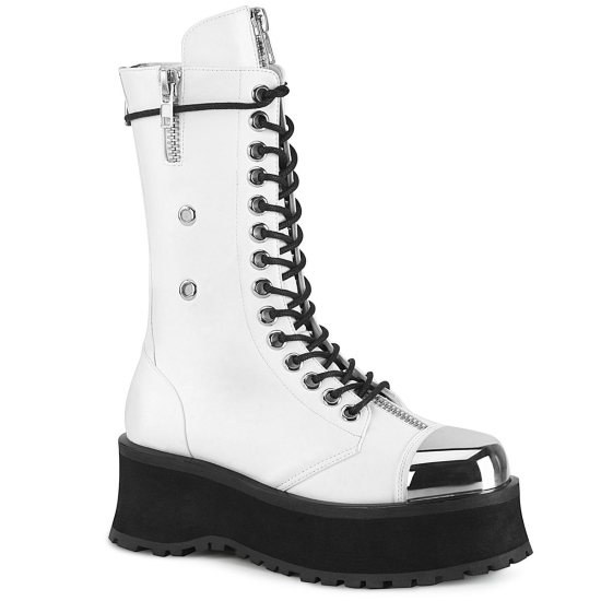 White Vegan Leather Men's Demonia Gravedigger - 14 Platform Lace-Up Mid Calf Ankle-high Boots | US4