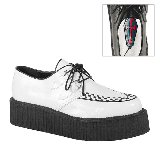 White Vegan Leather Men's Demonia V-CREEPER - 502 Platform Goth Punk Creepers | TQ2105967