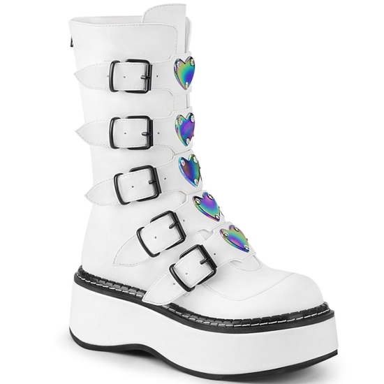 White Vegan Leather Women's Demonia Emily - 330 Platform Mid-Calf Knee-high Boots | FL3974216