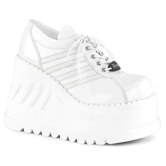 White Vegan Leather Women's Demonia Stomp - 08 Wedge Lace-Up Platforms | FP3710485