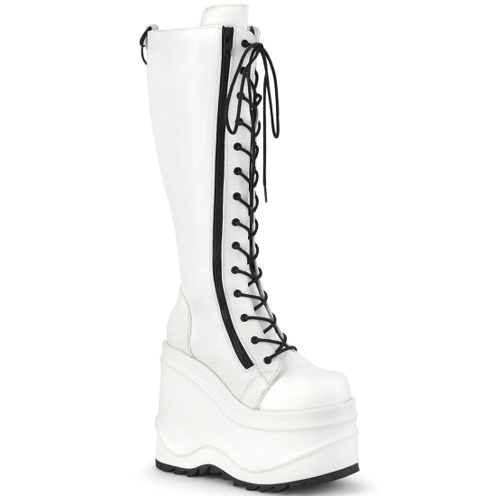 White Vegan Leather Women's Demonia Wave - 200 Lace-Up Wedge Platform Knee-high Boots | CY0835126