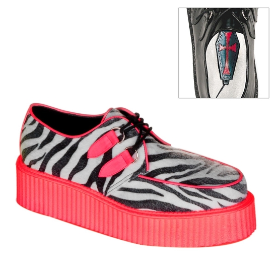 Zebra Fur-UV Red Men's Demonia V-CREEPER - 507UV Platform Punk Goth Creepers | HF2098563