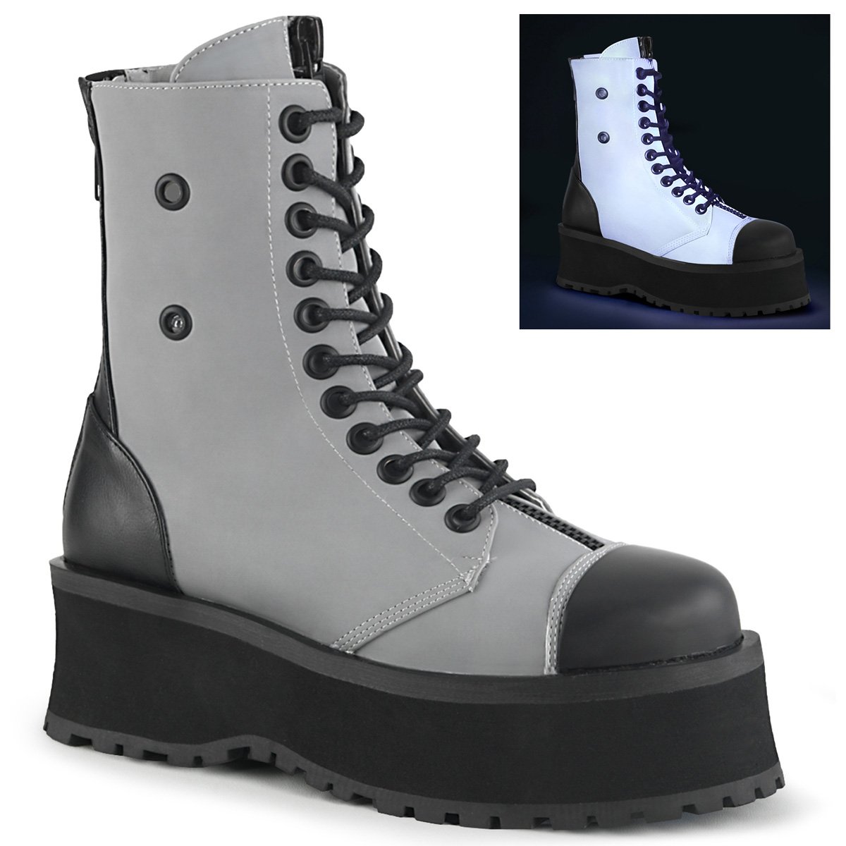 Grey Reflective Men's Demonia Gravedigger - 10 Platform Lace-Up Ankle-high Boots | SP2795461